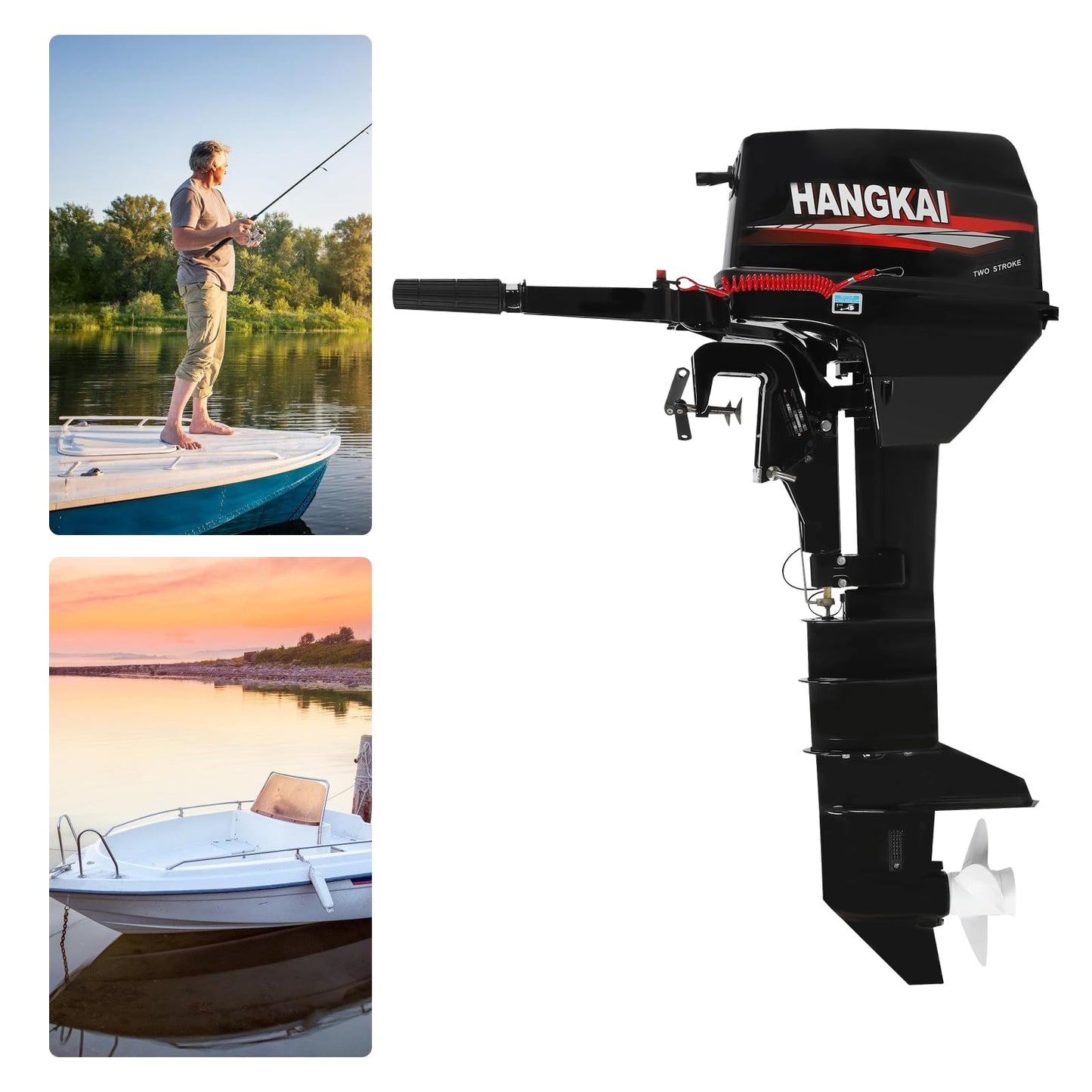 6HP Heavy Duty Outboard Motor, 170cc 4 Stroke Gas Outboard Boat Motor Engine with Air Cooling System, 3.2KW Single Cylinder Fishing Boat Engine for 3-7m Length