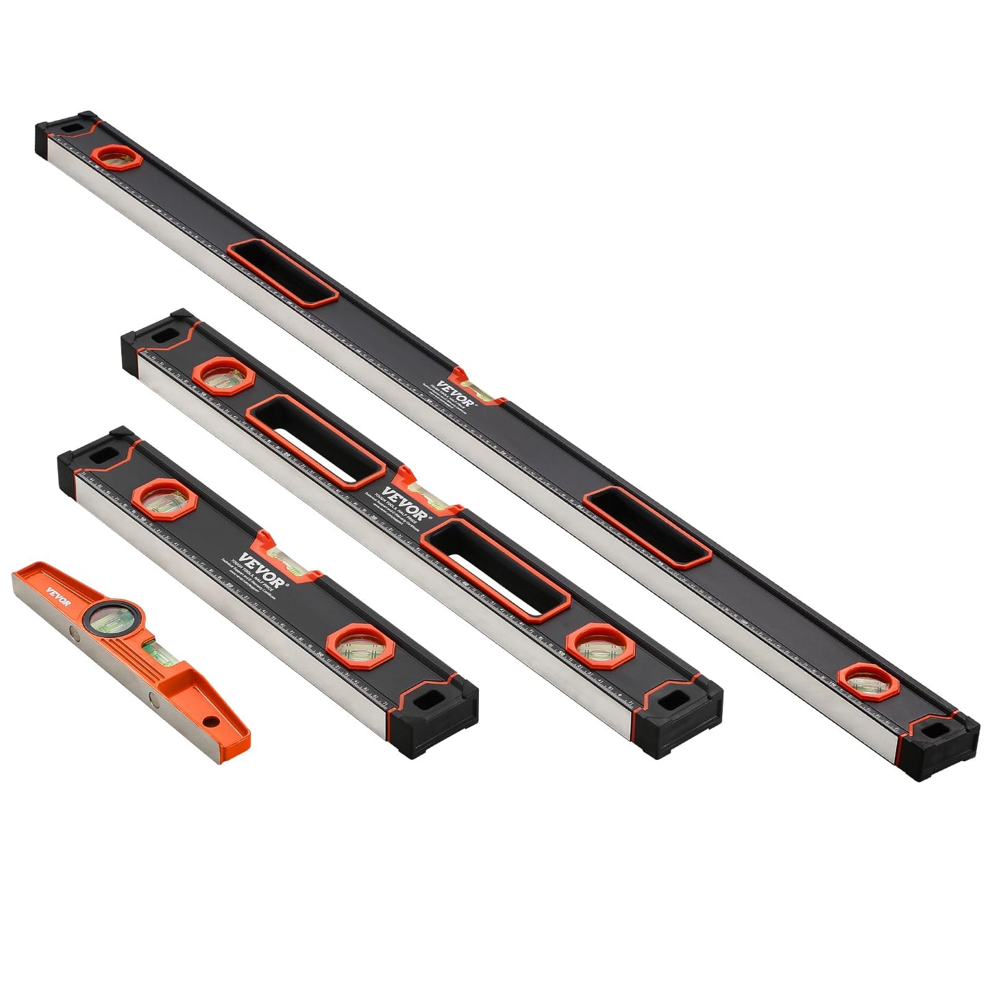 VEVOR 6-Piece Torpedo Level, 78/48/32/24/16/10 Inch Box Levels Set, Bubble Vials Ruler for 45/90/180 Degree, Shock-Proof Aluminum Alloy Magnetic Leveler Tool, SAE/Metric Scale(Only 10-inch has magnet)