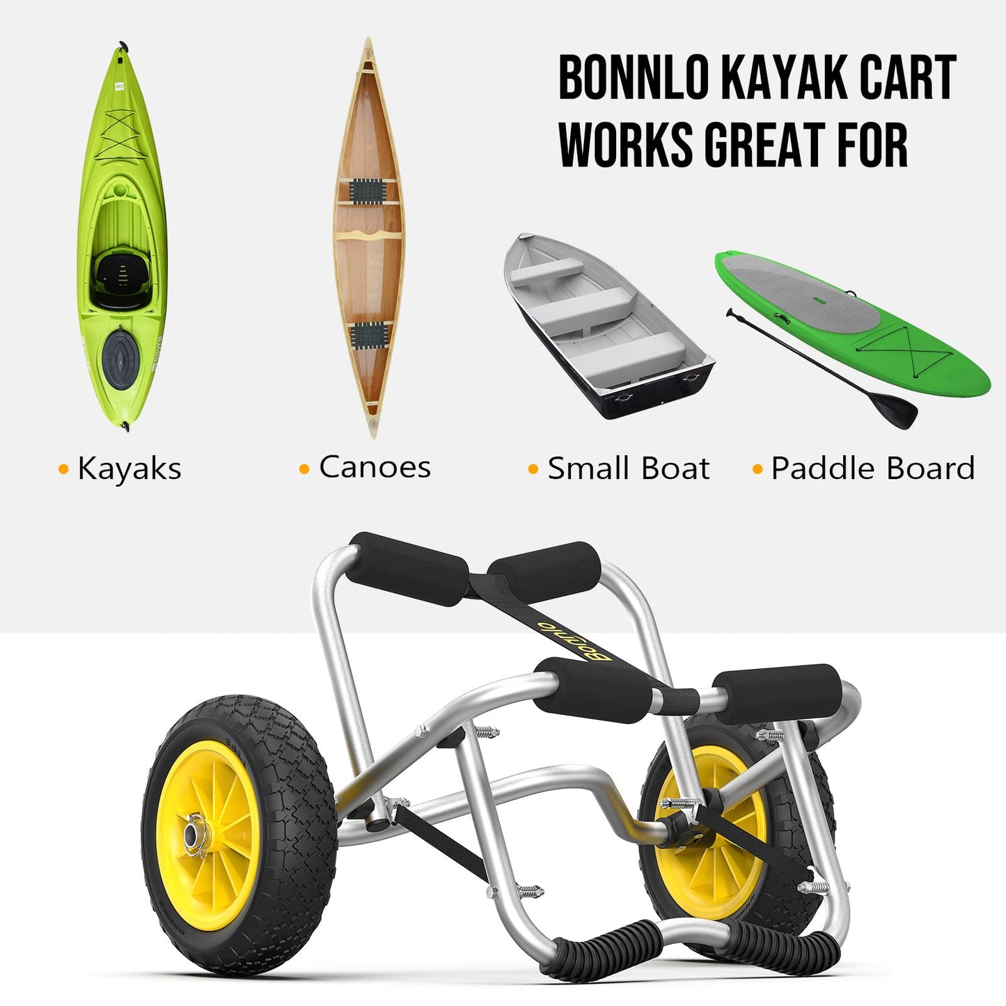 Bonnlo Kayak Cart Canoe Dolly Fishing Kayak Accessories Carrier Foldable Paddle Board Trolley Boat Trailer Transport with NO-Flat Airless Tires Wheels and 2 Ratchet Straps
