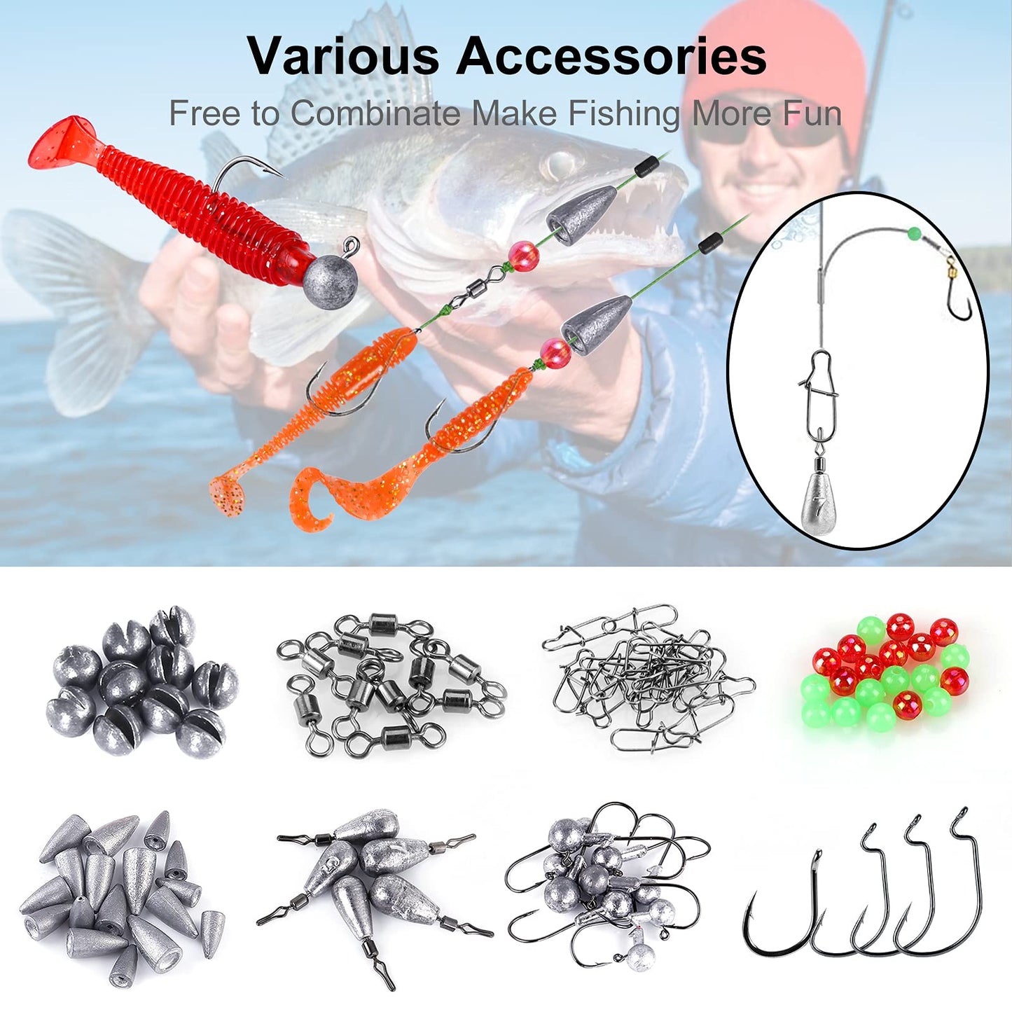TOPFORT 187/343pcs Fishing Accessories Kit, Organized Fishing Tackle Box with Tackle Included, Fishing Hooks, Fishing Weights Sinkers, Fishing Gear and Equipment, Fishing Gift for Men
