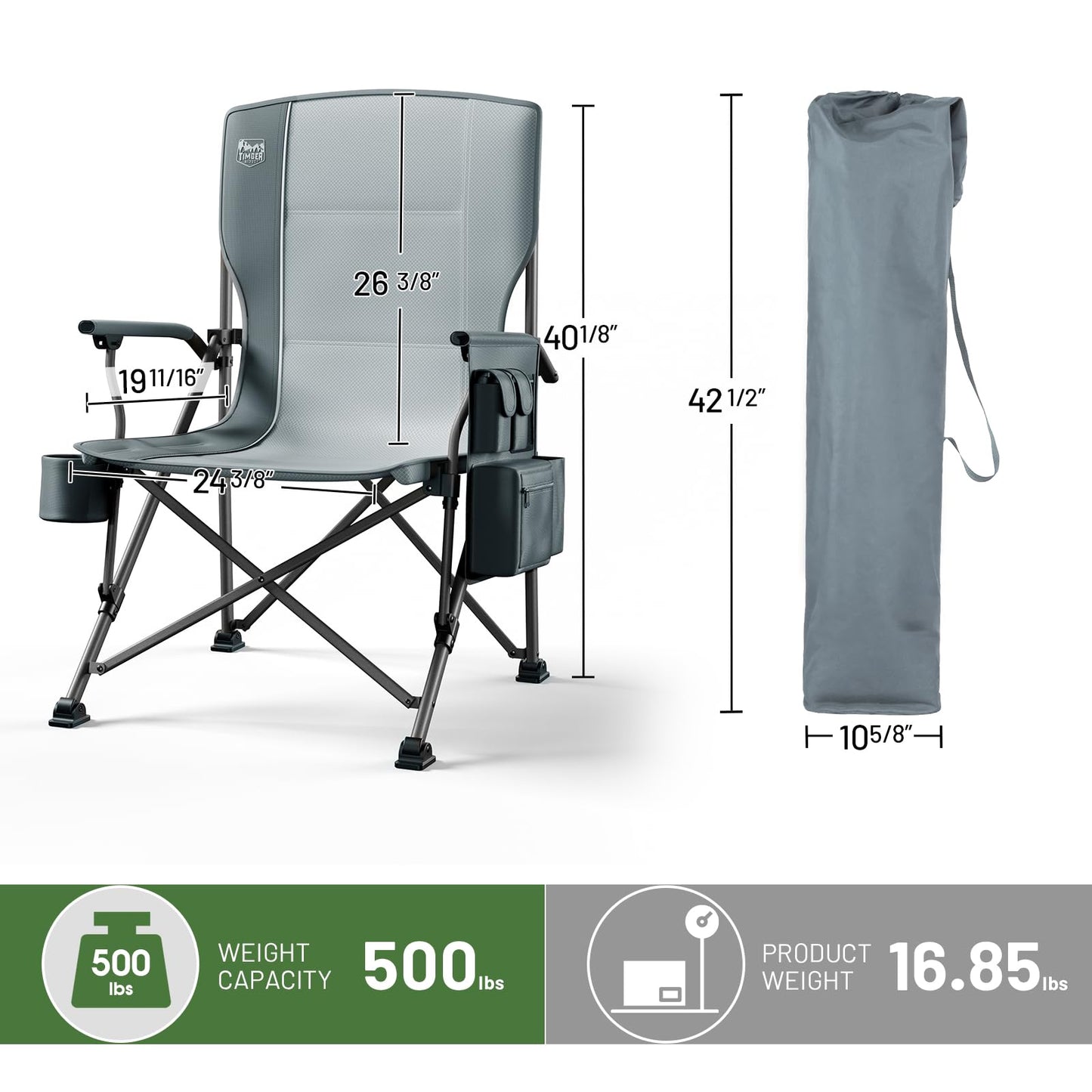 TIMBER RIDGE Oversized Folding Camping Chair High Back Heavy Duty for Adults Support up to 500lbs with Cup Holder, Side Pocket Cooler Bag