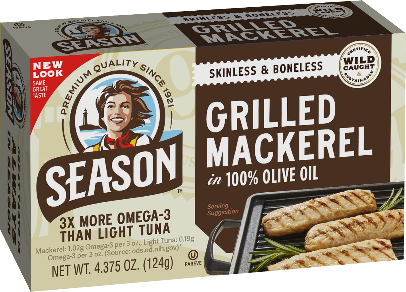 Season Mackerel in Water - Skinless & Boneless, No Salt Added, Wild Caught, Keto Snacks, Canned Mackerel Fillets, Full of Vitamins, Low in Mercury, Kosher, Non-GMO, 20g of Protein - 4.37 Oz, 12-Pack