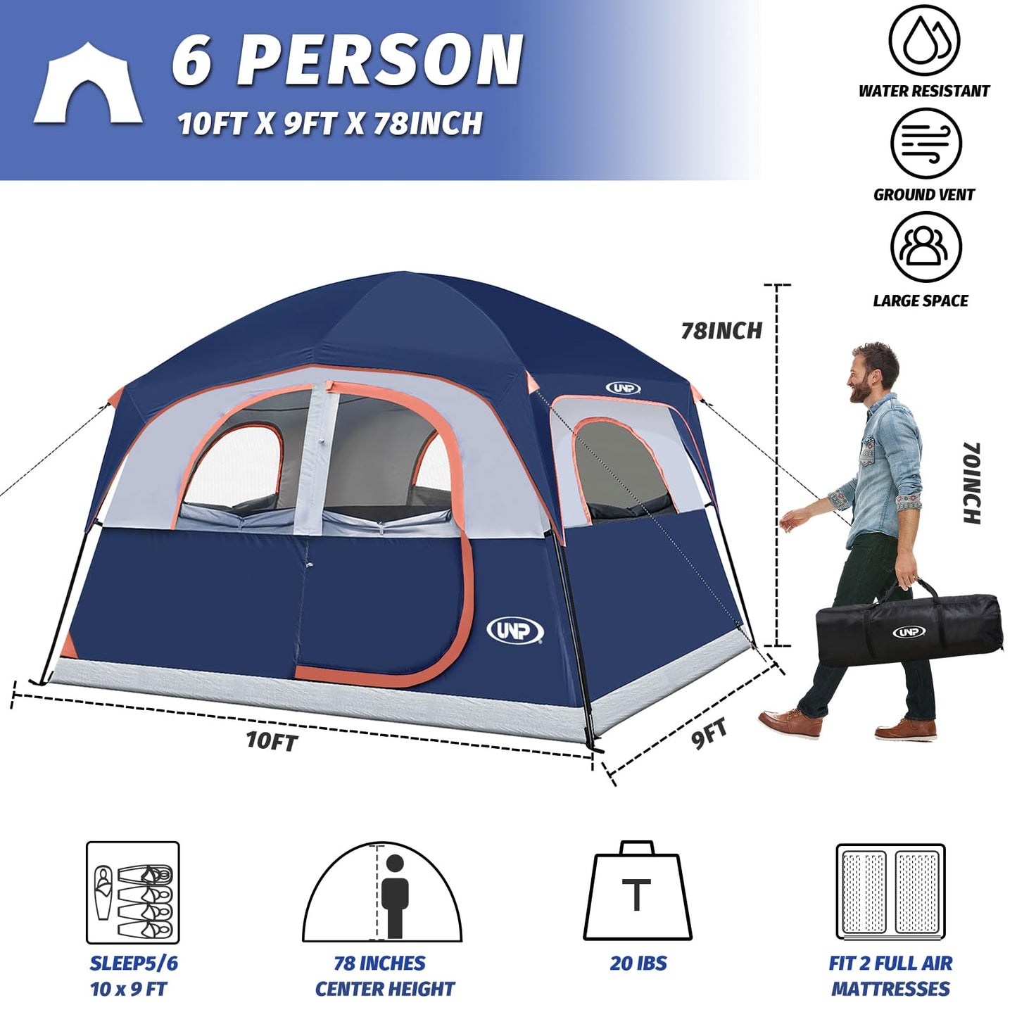 UNP Tents 6 Person Waterproof Windproof Easy Setup,Double Layer Family Camping Tent with 1 Mesh Door & 5 Large Mesh Windows -10'X9'X78in(H)