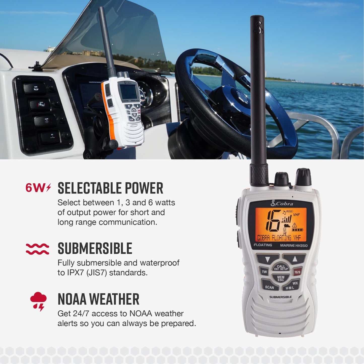 Cobra MR HH350 FLT Handheld Floating VHF Radio - 6 Watt, Submersible, Noise Cancelling Mic, Backlit LCD Display, NOAA Weather, and Memory Scan, Grey