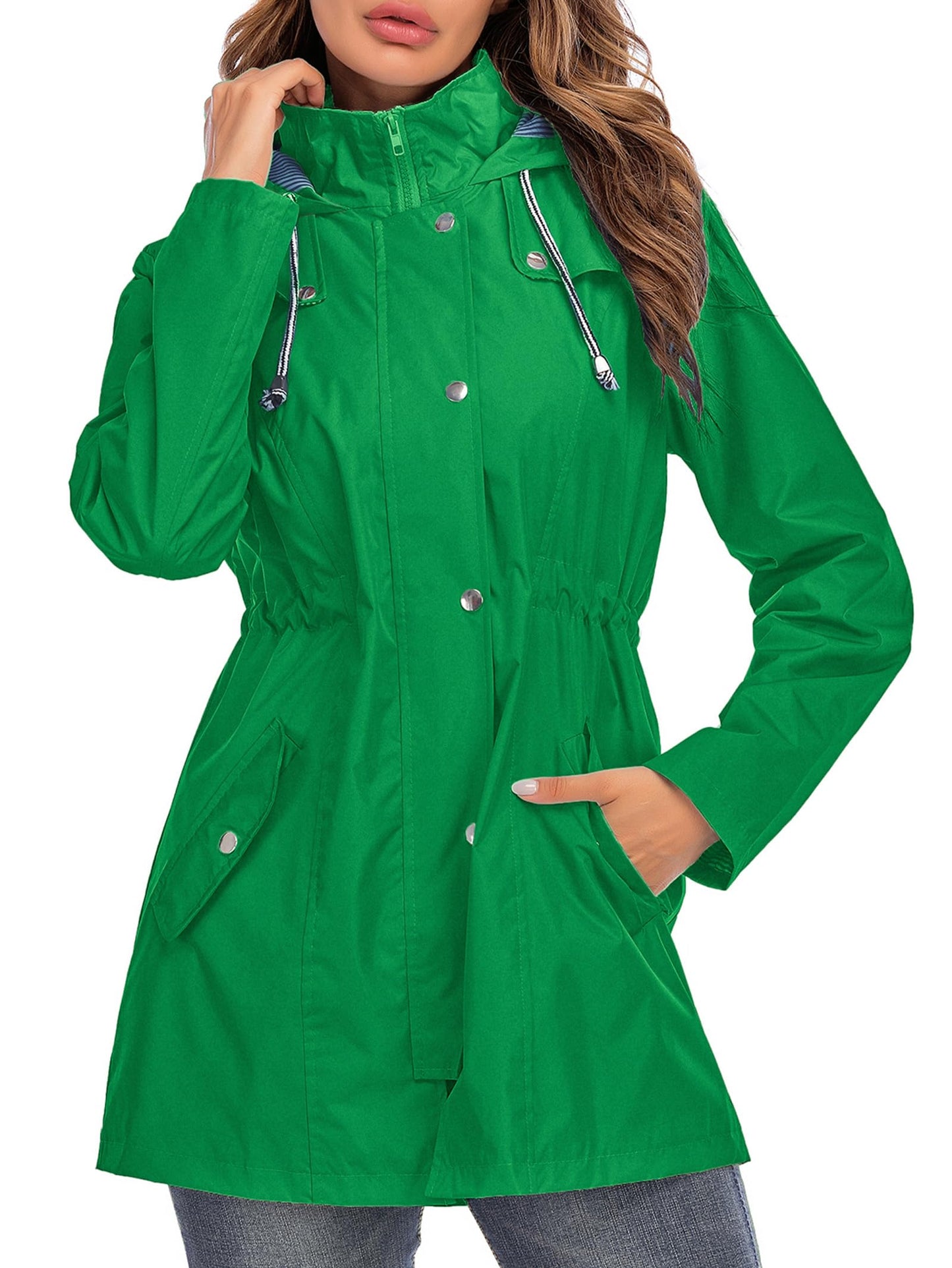 Rain Jacket Women Striped Lined Hooded Lightweight Raincoat Outdoor Waterproof Windbreaker