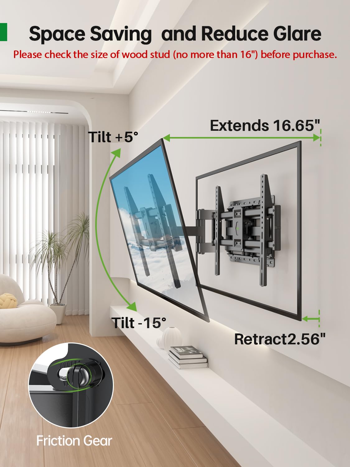 USX Mount Full Motion TV Wall Mount for Most 42-86 inch Flat Screen/LED/4K, TV Mount Bracket Dual Swivel Articulating Tilt 6 Arms, Max 16" Wood Studs, VESA 600x400mm, Holds up to 132lbs
