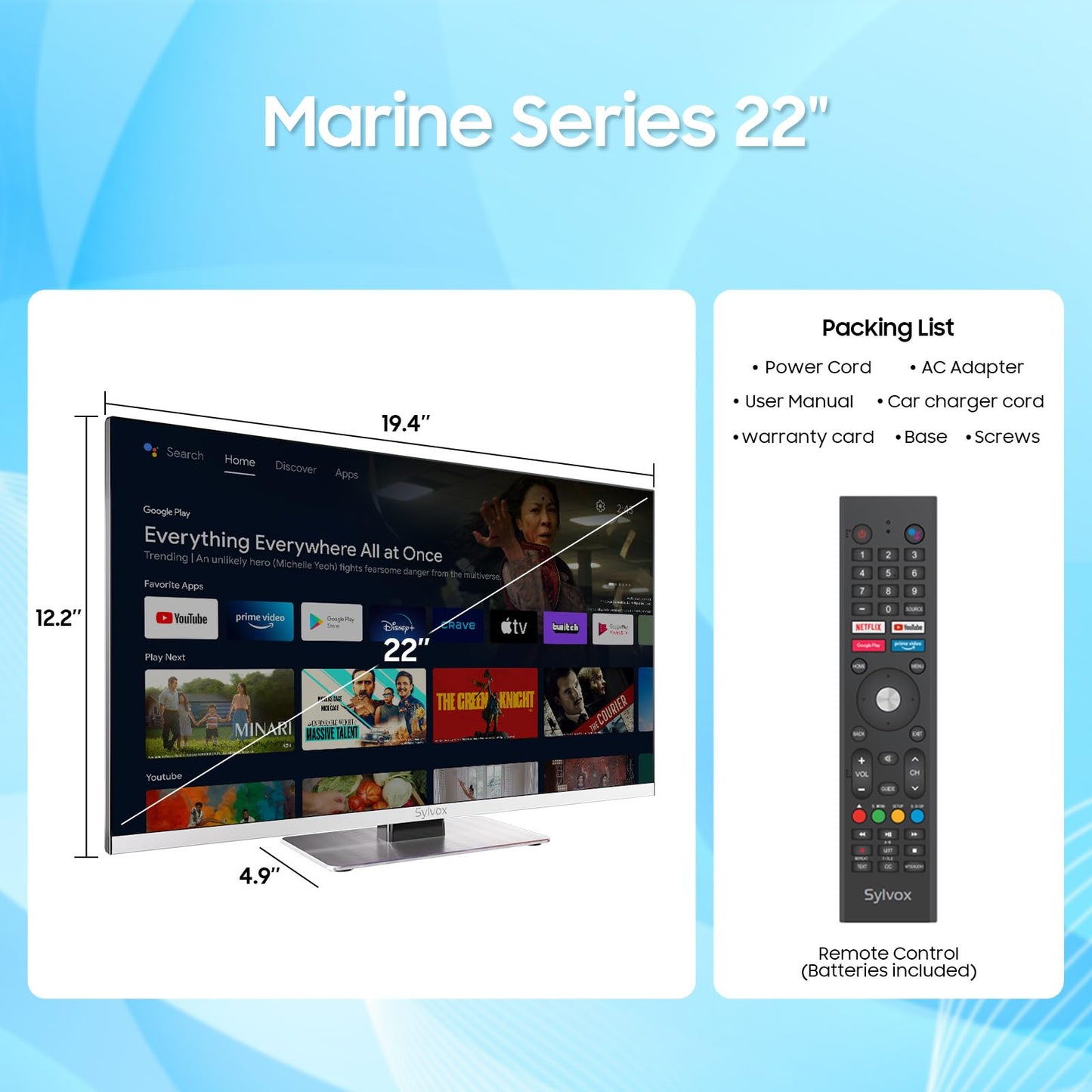 SYLVOX 12 Volt TV, 22" Smart Television with DVD Player Built in, 1080P Google OS ATSC NTSC WiFi Bluetooth HDMI USB, AC/DC Powered, 12V TV for RV Camper Boat Coastal Home (Marine Series)