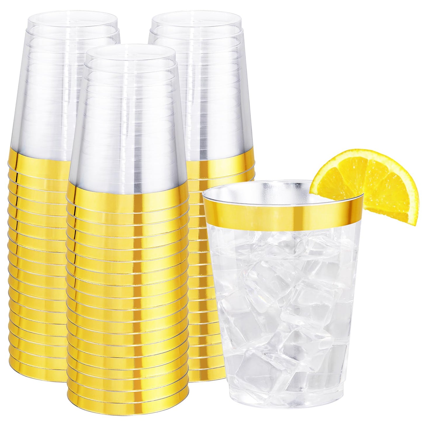 I00000 200 Pack Gold Plastic Cups, 9 Oz Elegant Clear Plastic Cups Gold Rimmed Disposable Wine Glasses Fancy Disposable Party Cups Wedding Cups Drinking Tumblers Plastic Cocktail Glasses with Gold Rim