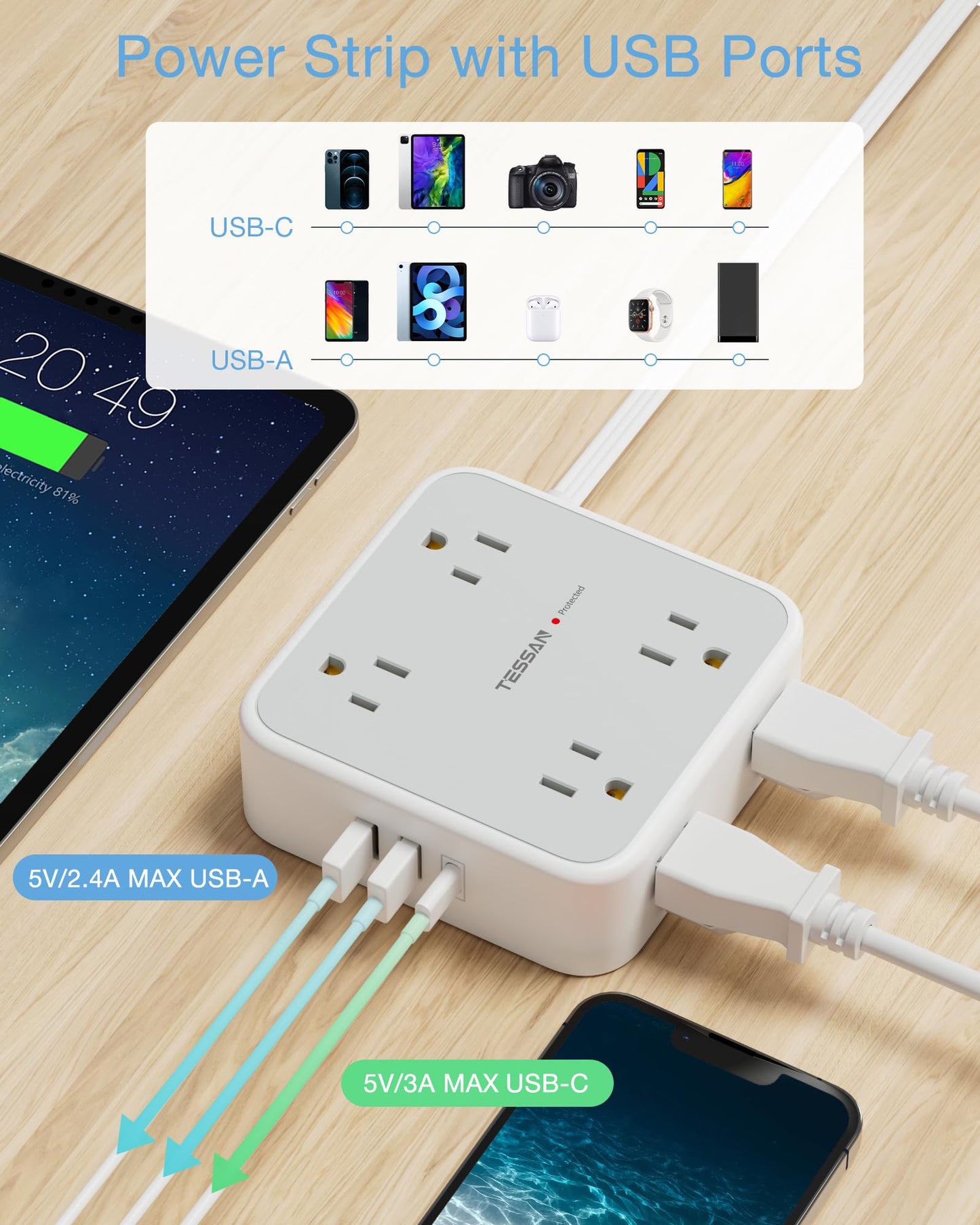 Surge Protector Flat Extension Cord Flat Plug Power Strip, 8 AC Outlets, 3 USB Charger(1 USB C Port) 3-Sided Outlet Extender, 5 Ft, 900 Joules Protection, Office Supplies, Dorm Room Essentials, Grey