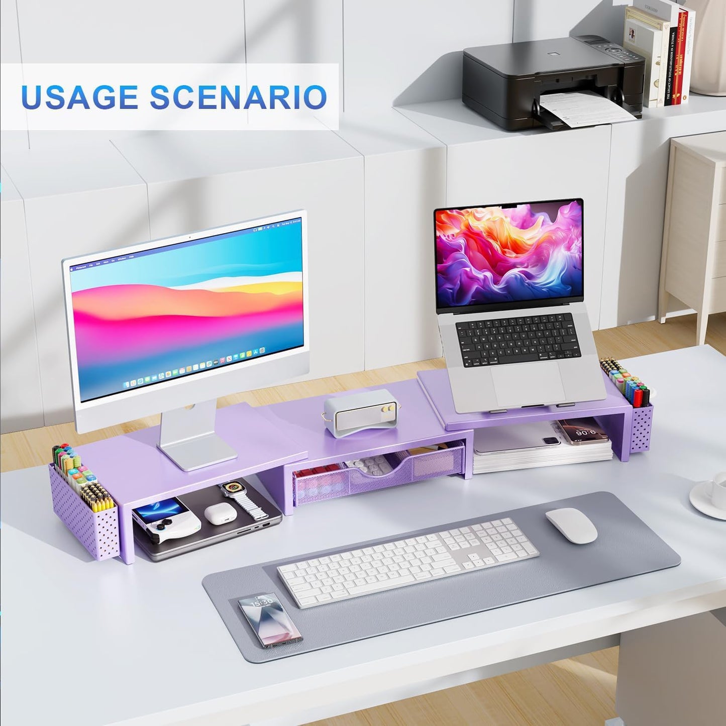 gianotter Dual Monitor Stand Riser, Desk Organizer With Drawer and 2 Pen Holders, Desk Organizers and Accessories, Purple Office Decor (Purple)