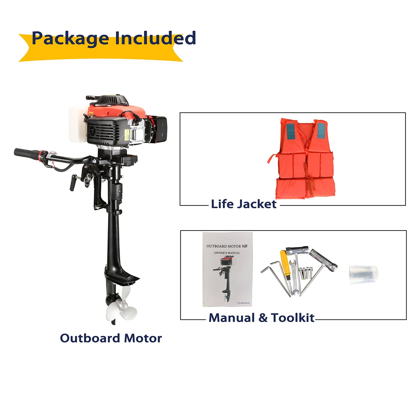 CUKUSIN 4 Stroke Outboard Motor 4 hp Outboard Boat Motors for Inflatable, Kayak, Dinghy, Canoe Small Boat, With Strong Short Shaft, Life Jacket and Manual Reverse