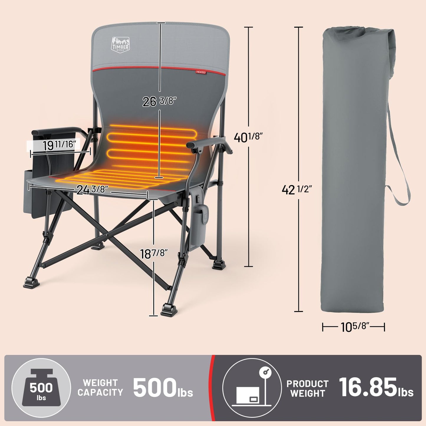 TIMBER RIDGE Oversized Folding Camping Chair High Back Heavy Duty for Adults Support up to 500lbs with Cup Holder, Side Pocket Cooler Bag