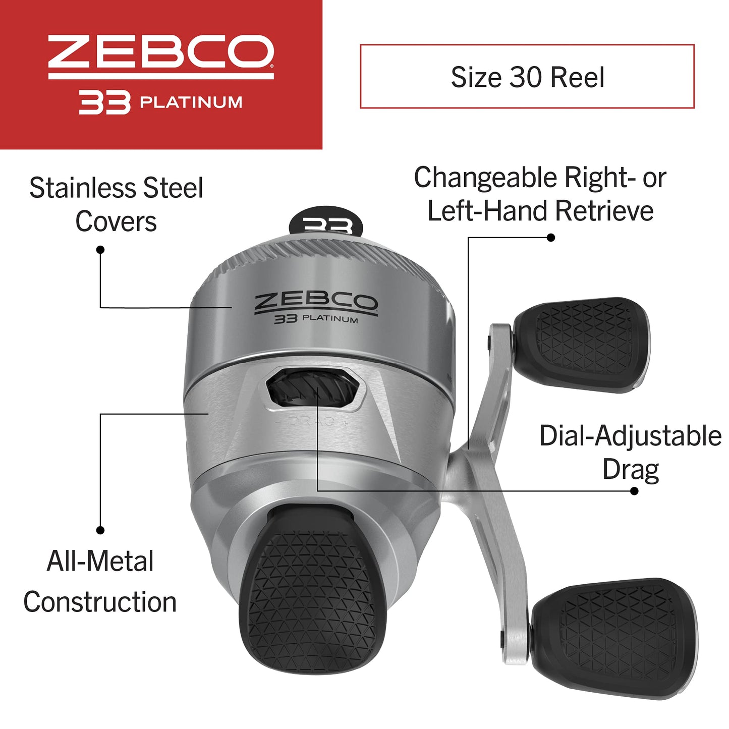 Zebco 33 Platinum Spincast Fishing Reel, Size 30 Reel, Right or Left-Hand Retrieve, 4.7:1 Gear Ratio, Pre-spooled with 10 lb Zebco Cajun Line, Silver