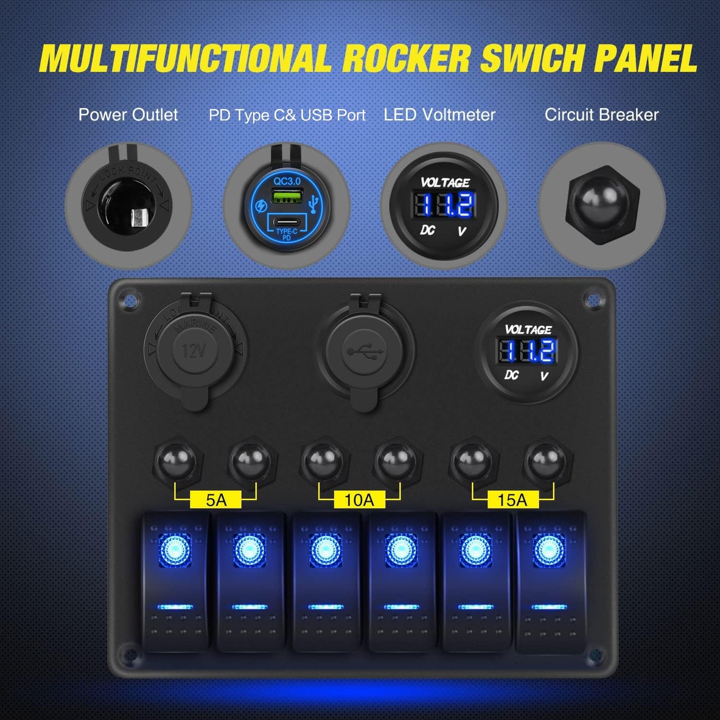 Nilight - 90123F 6 Gang ON Off Rocker Switch Panel Green Backlit 12V24V LED Digital Voltmeter Dual USB Charger Cigarette Lighter Socket Overload Protection Switch Panel For Cars RVs Boats