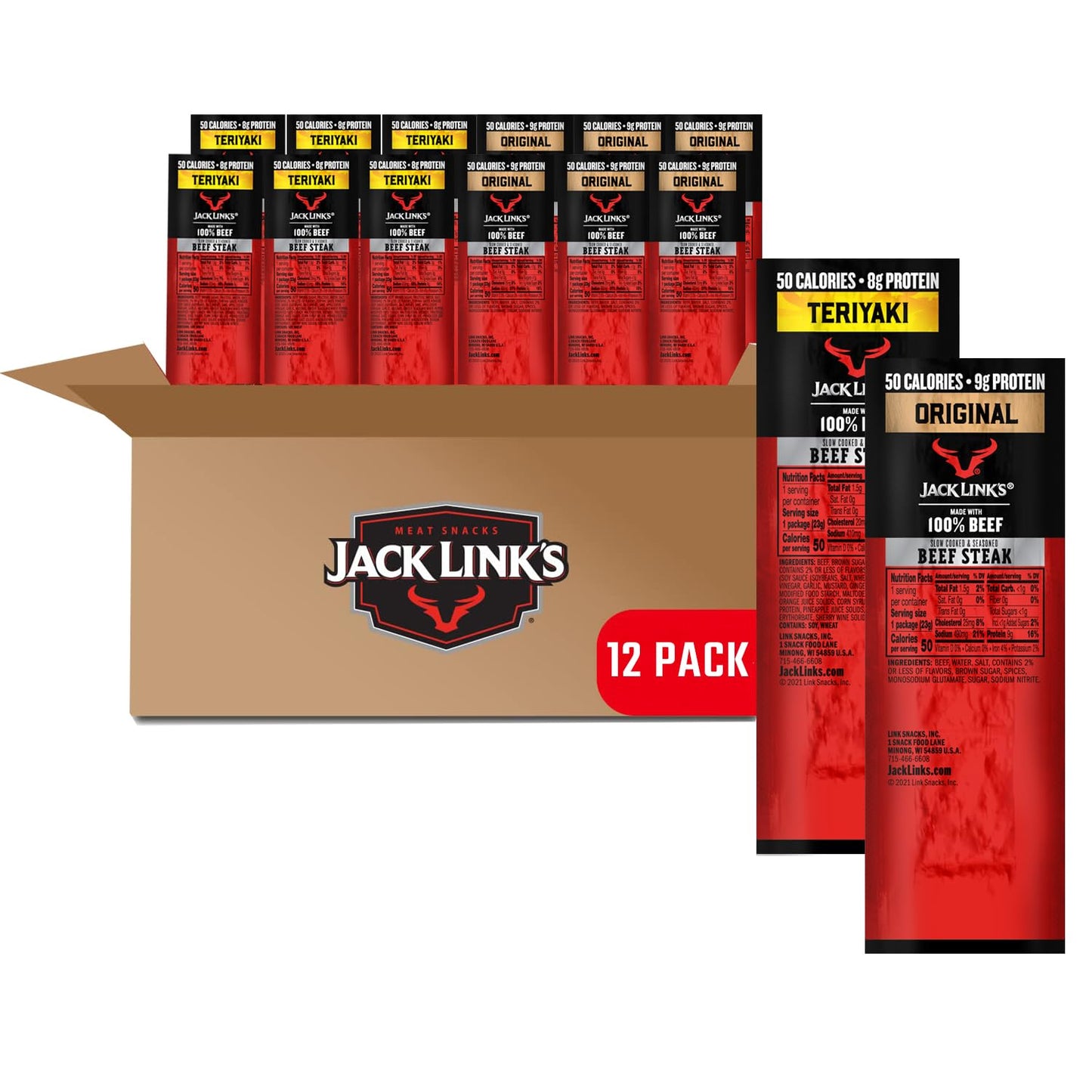 Jack Link's Beef Steak, Original - Protein Snacks, Meat Snack with 12g of Protein, Made with 100% Beef, Individually Wrapped Bulk Snack Pack, Keto Friendly - 1 Oz. (12 Count)
