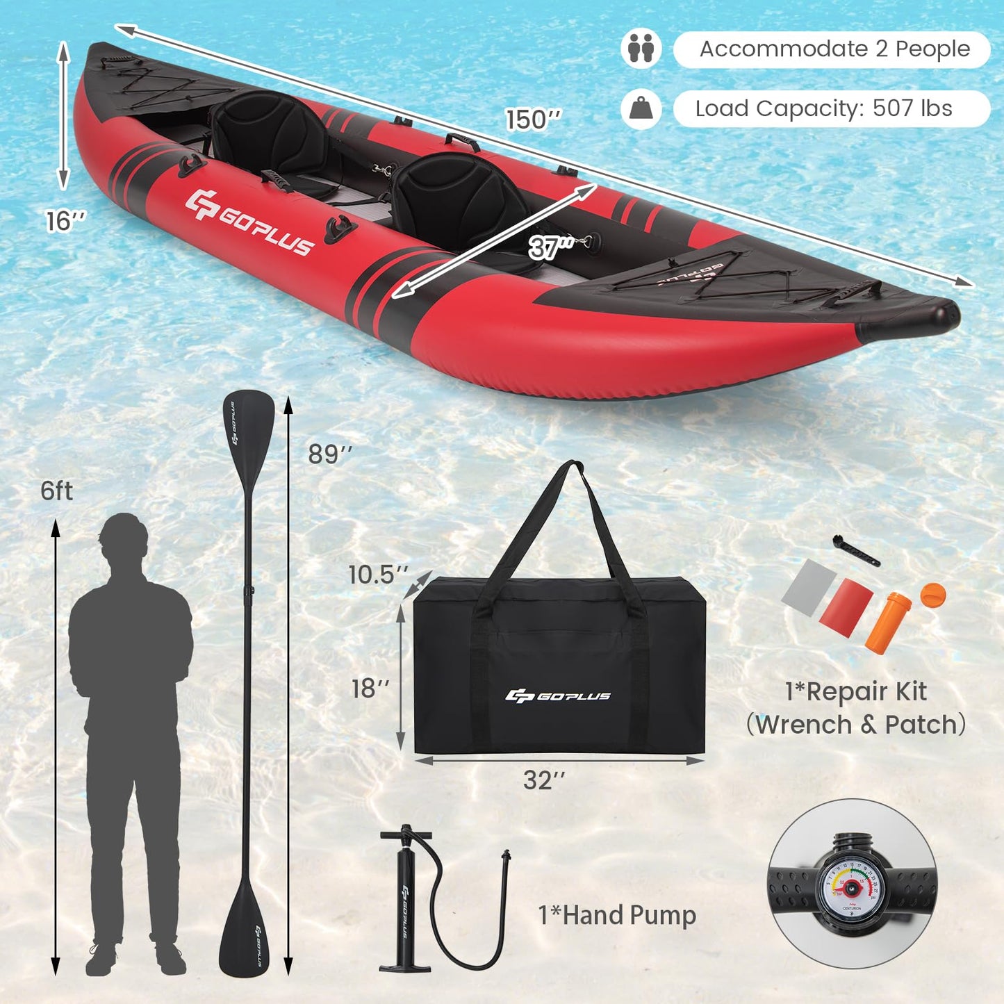 Goplus Inflatable Kayak, 2-Person Kayak Set for Adults with 507 LBS Weight Capacity, 2 Aluminium Oars, EVA Padded Seat, 2 Fins, Hand Pump, Carry Bag, Repair Kit, Portable Touring Kayaks
