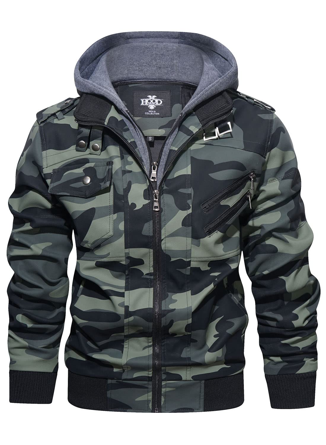 HOOD CREW Men’s Casual Stand Collar PU Faux Leather Zip-Up Motorcycle Bomber Jacket With a Removable Hood