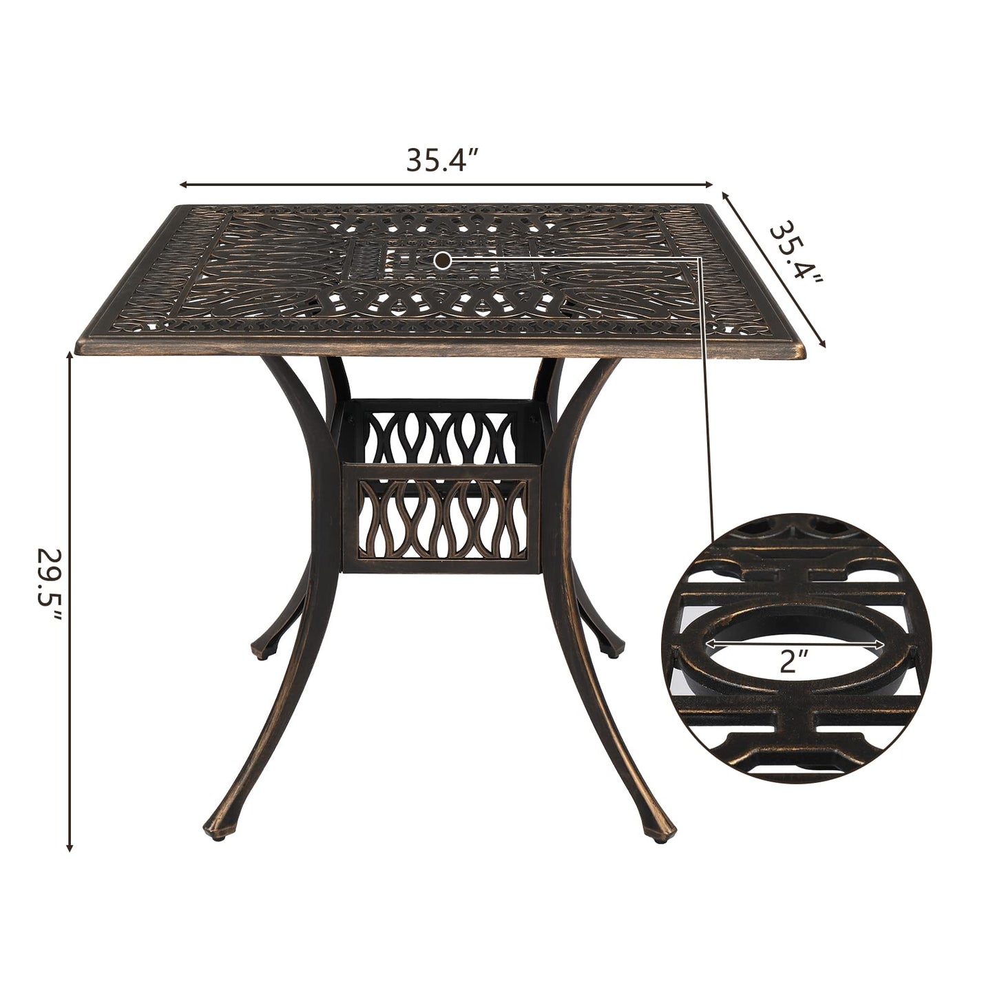 VINGLI 5 Pieces Outdoor Patio Dining Set, Cast Aluminium Patio Furniture Set with 4 Chairs and 1 Umbrella Table for Yard, Garden, Porch and Poolside, Bronze (Square Table)