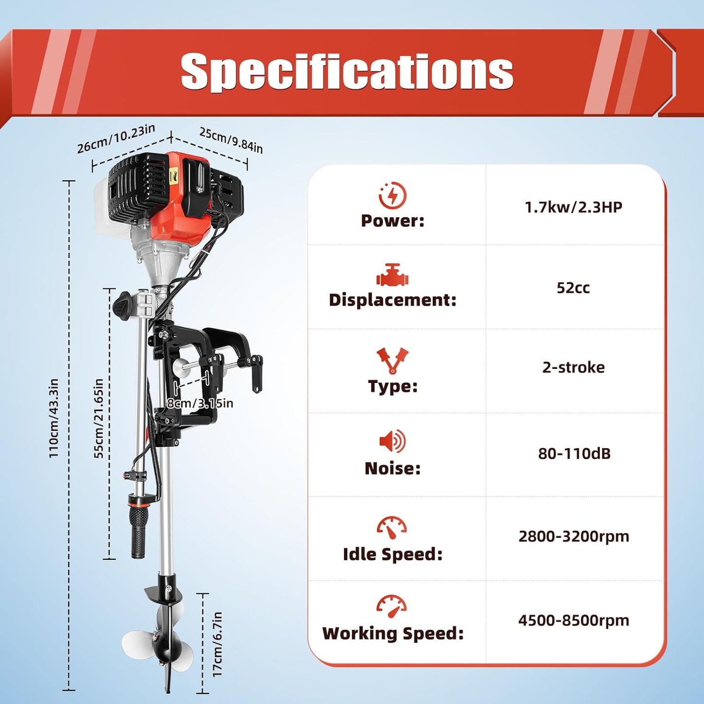 Outboard Motor Boat Engine 2 Stroke 2.3 HP, 1.7KW Marine Boat Motor 52CC with Air Cooling System Long Shaft Fishing Boat Engine (2.3HP)