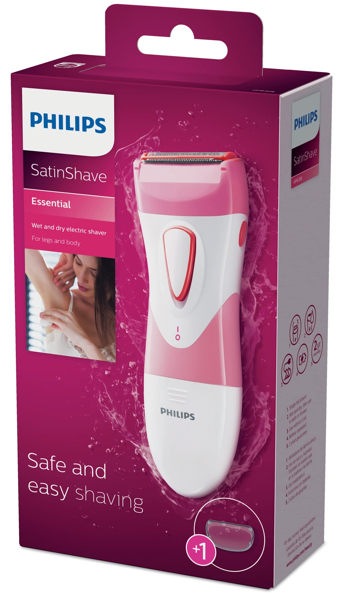 Philips SatinShave Essential Women’s Wet & Dry Electric Shaver for Legs & Body, Cordless, with Hypoallergenic Foil, HP6306/50