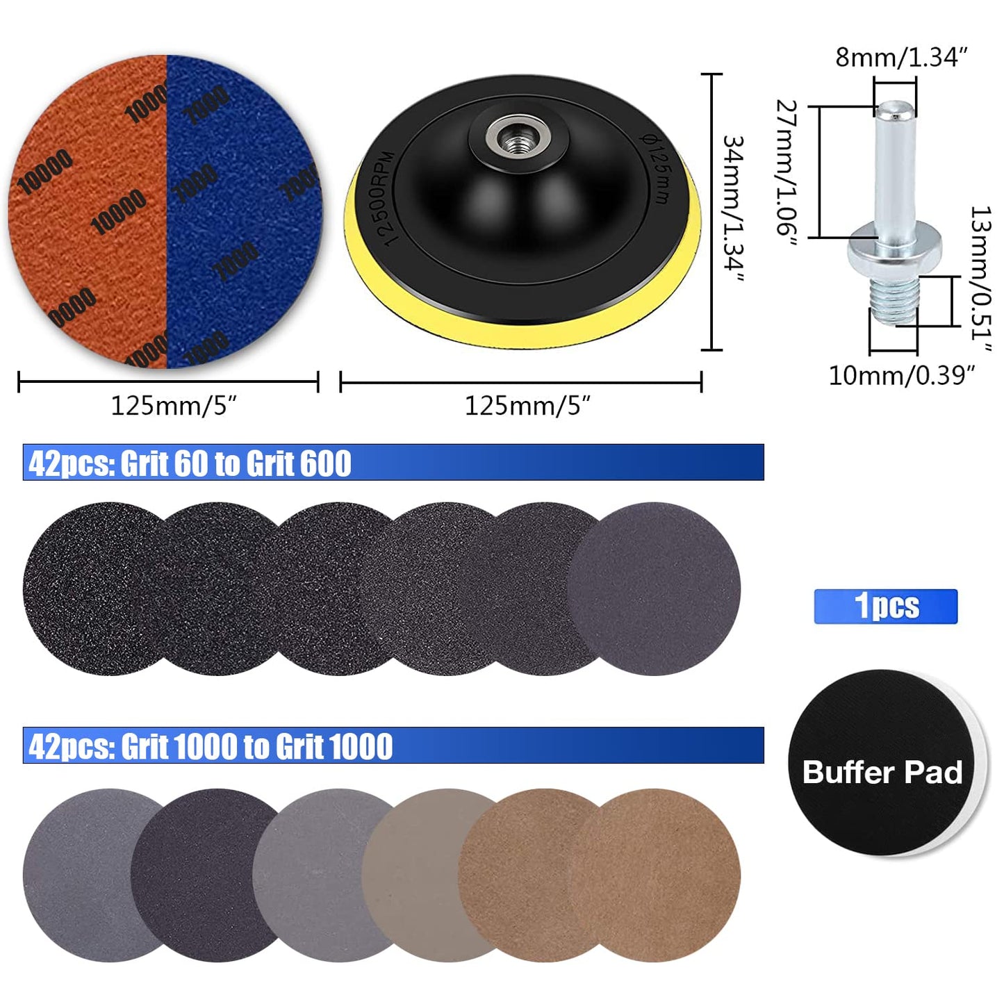 Water Grit Sandpaper 2000/3000/5000/7000/10000 and 5-inch Backing Pad Set, Wet Dry Electric Hook &Loop Sanding Disc with Pad, Grinding Abrasive Paper and Orbital Sander Polisher