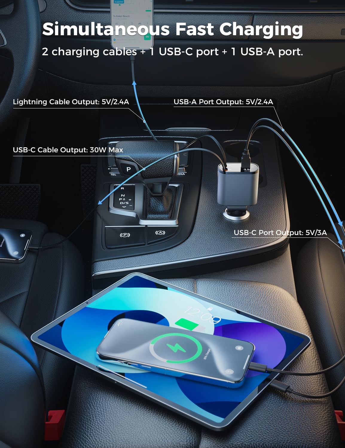 【Upgraded】 SUPERONE Retractable Car Charger 4 in 1, Fast Car Phone Charger with Cord 2.6ft, USB C and Apple Car Adapter, Compatible with iPhone 16 15/15 Pro Max/14/13/12/11, Galaxy, Pixel
