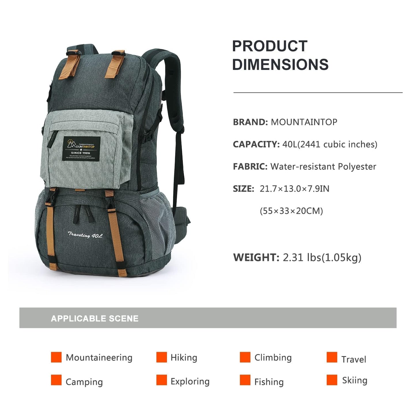 MOUNTAINTOP 40L Hiking Backpack Lightweight Travel Backpack for Men&Women Outdoor Camping Backpacking