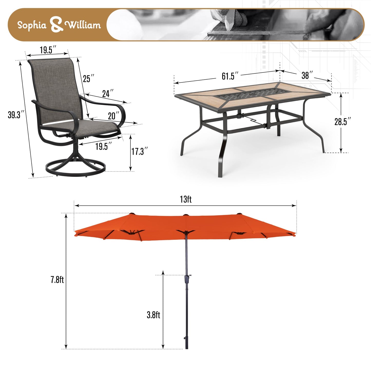 Sophia & William Patio Set with Umbrella 8 Pieces Outdoor Dining Set for 6 with 13ft Double-Sided Patio Umbrella Beige, 6 x Swivel Patio Chairs, 1 Metal Table for Lawn Garden