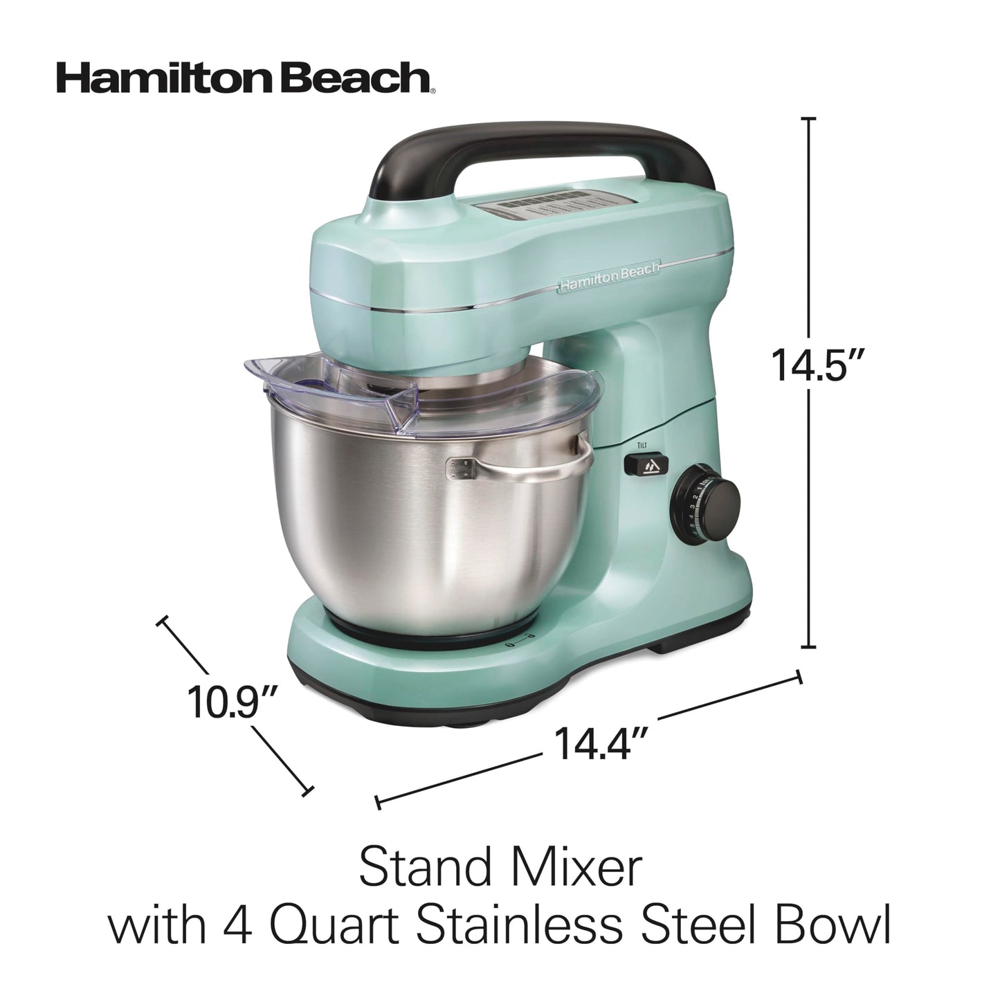 Hamilton Beach Electric Stand Mixer, 4 Quarts, Dough Hook, Flat Beater Attachments, Splash Guard, 7 Speeds with Whisk, Easy-Carry Top Handle, Blue