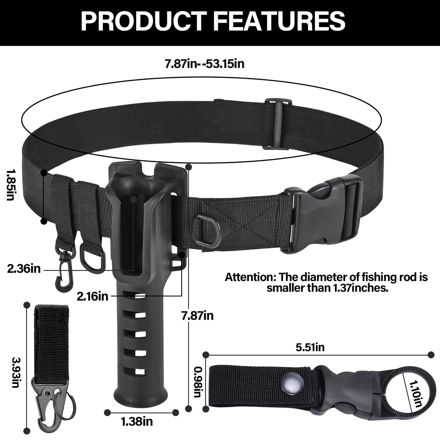 Fishing Wading Belt Rod Holder Adjustable Wader Waist Belt for Fly Surf Casting Spinning Pole Fishing Tool Tackle (Black)