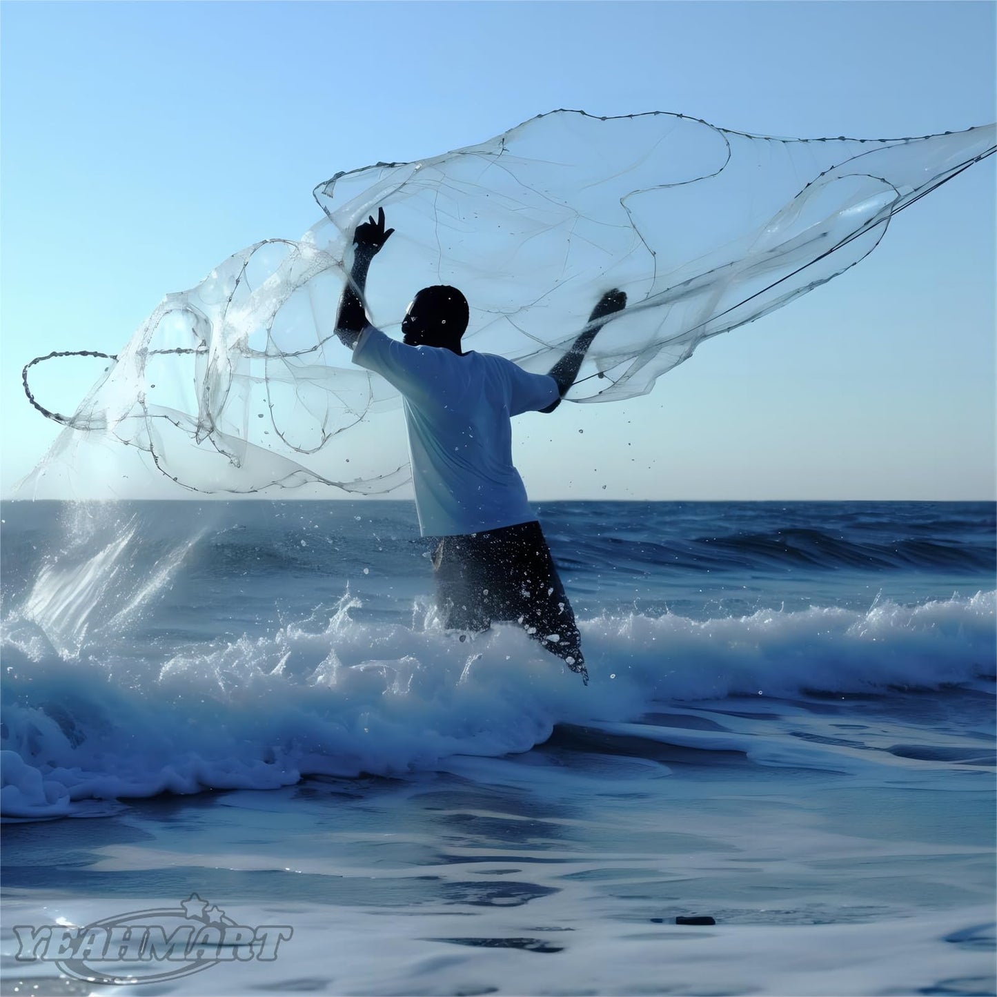 Yeahmart American Saltwater Fishing Cast Net for Bait Trap Fish 3ft/4ft/5ft/6ft/7ft/8ft/9ft/10ft Radius Casting Nets with Heavy Duty Real Zinc Sinker Weights, 3/8inch Mesh Size