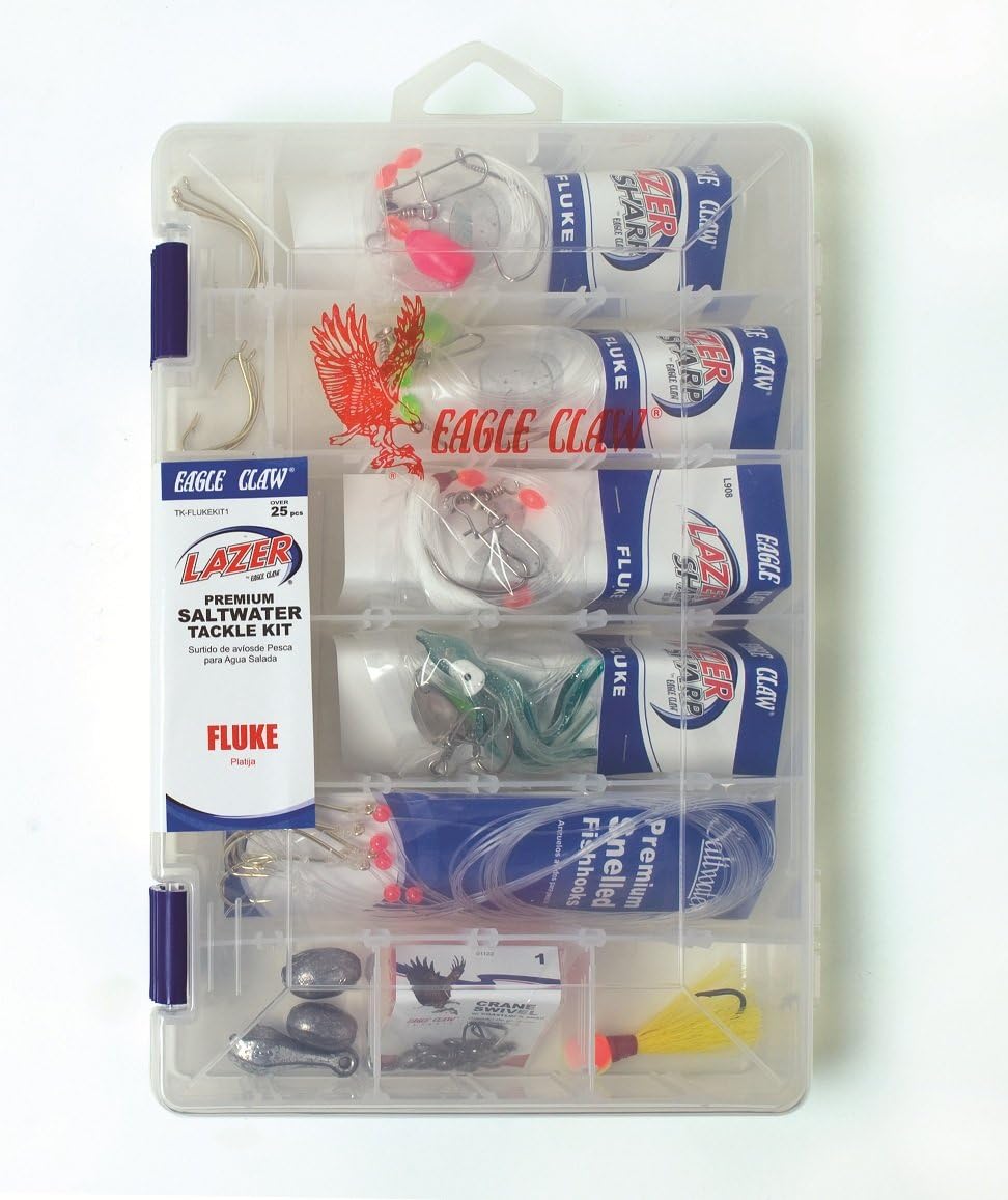 EAGLE CLAW LAZER SHARP FLUKE SALTWATER TACKLE KIT, 30 PIECES, CONTAINS ASSORTED SALTWATER HOOKS, SINKERS AND TACKLE FOR SALTWATER FLUKE FISHING