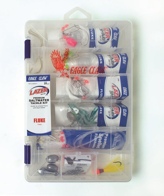 EAGLE CLAW LAZER SHARP FLUKE SALTWATER TACKLE KIT, 30 PIECES, CONTAINS ASSORTED SALTWATER HOOKS, SINKERS AND TACKLE FOR SALTWATER FLUKE FISHING