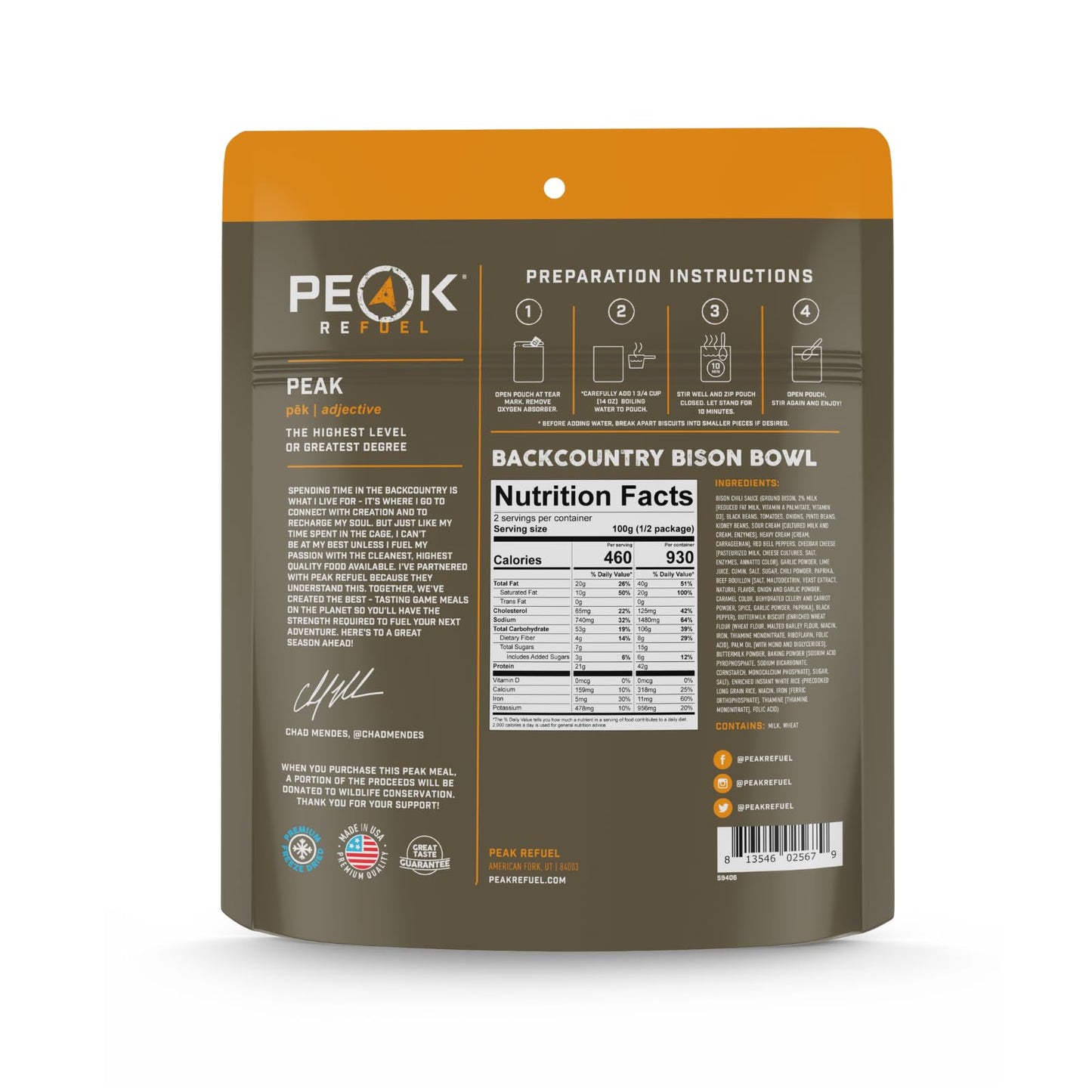 Peak Refuel Backcountry Bison Bowl | Chad Mendes Signature Meal | Premium Freeze-Dried Variety Meals | Hunting, Survival, Camping, Backpacking Food | High-Protein Game Meats | MRE | Made in USA