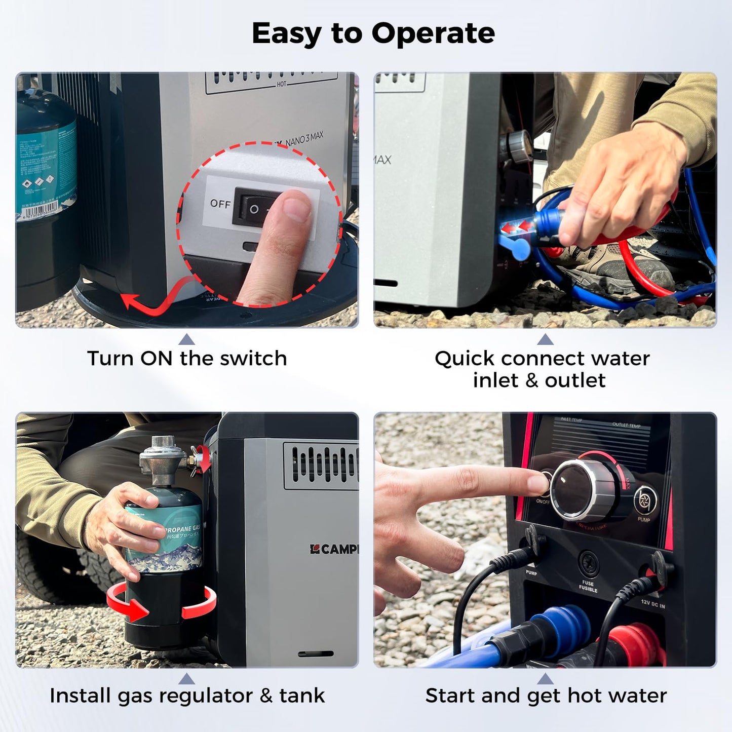 CAMPLUX Battery Powered Portable Water Heater, 1 lb On-Demand Propane Camping Shower Nano 3 Pro, On Ground Camp Water Heater & Shower Pump