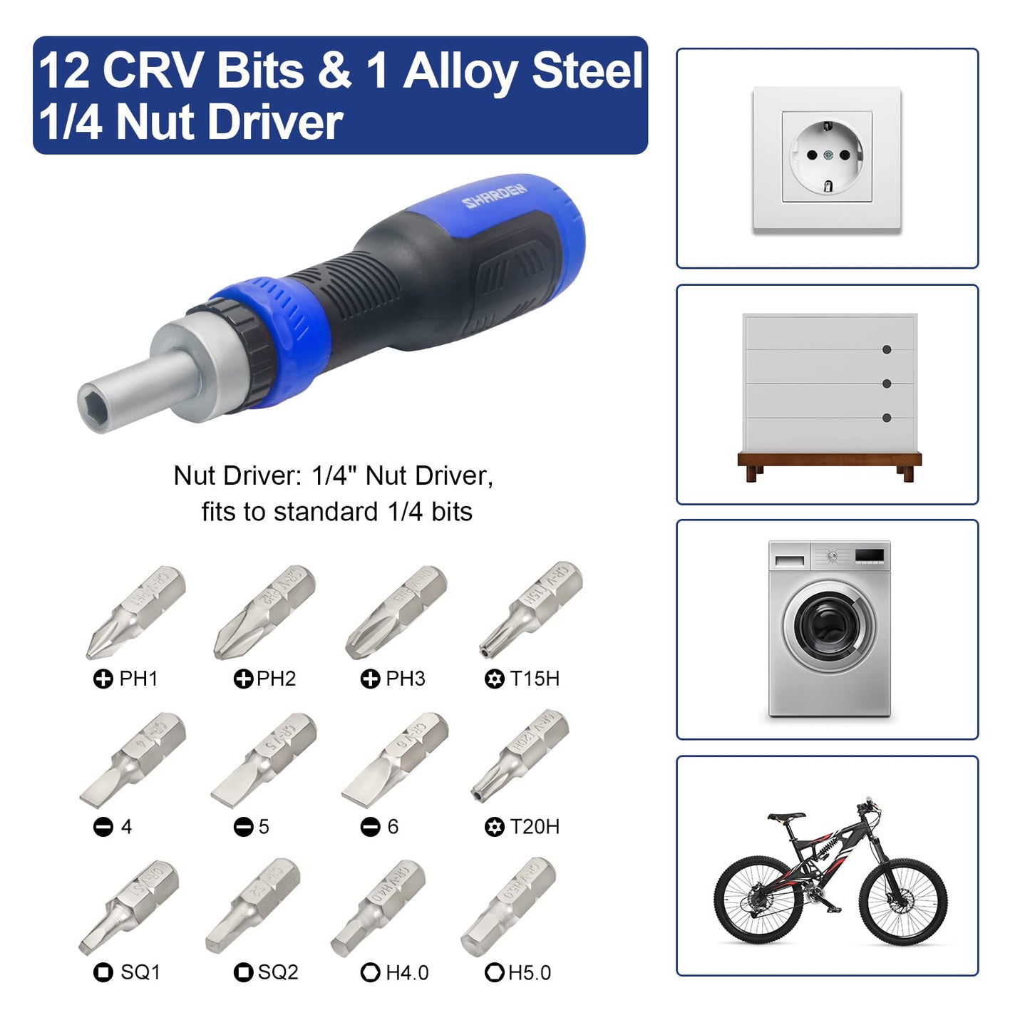 SHARDEN Multi Screwdriver 13-in-1 Screw Driver Adjustable Screwdriver Set Multitool All in One with Torx Security, Flat Head, Phillips, Hex, Square and 1/4 Nut Driver