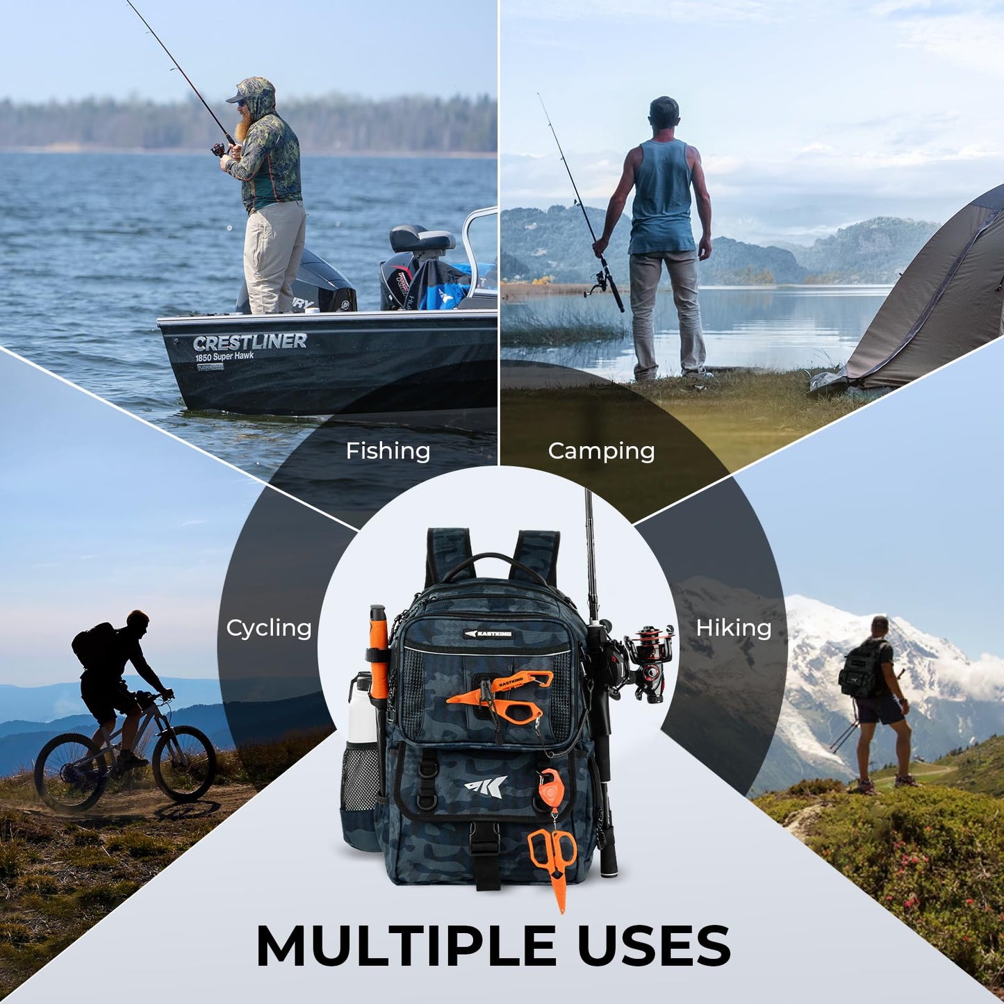 KastKing BaitSpace 50L Fishing Tackle Backpack with Removable Bait Binder & 4 Tackle Boxes, Rod Holders Storage Fishing Gear
