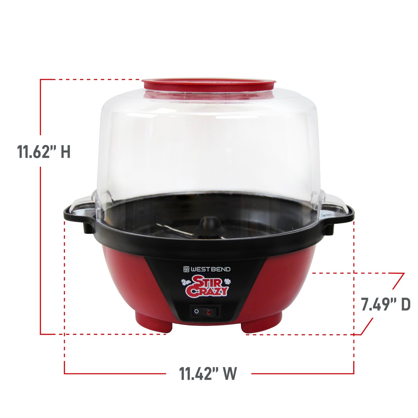 West Bend Stir Crazy Hot Oil Popcorn Popper, Popcorn Maker Machine with Large Serving Bowl Lid and Stirring Rod Perfect for Movie Night Snack Time or Parties, 6-Quart, Red