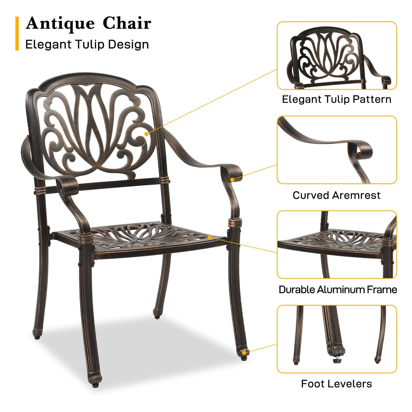 VINGLI 5 Pieces Outdoor Patio Dining Set, Cast Aluminium Patio Furniture Set with 4 Chairs and 1 Umbrella Table for Yard, Garden, Porch and Poolside, Bronze (Square Table)