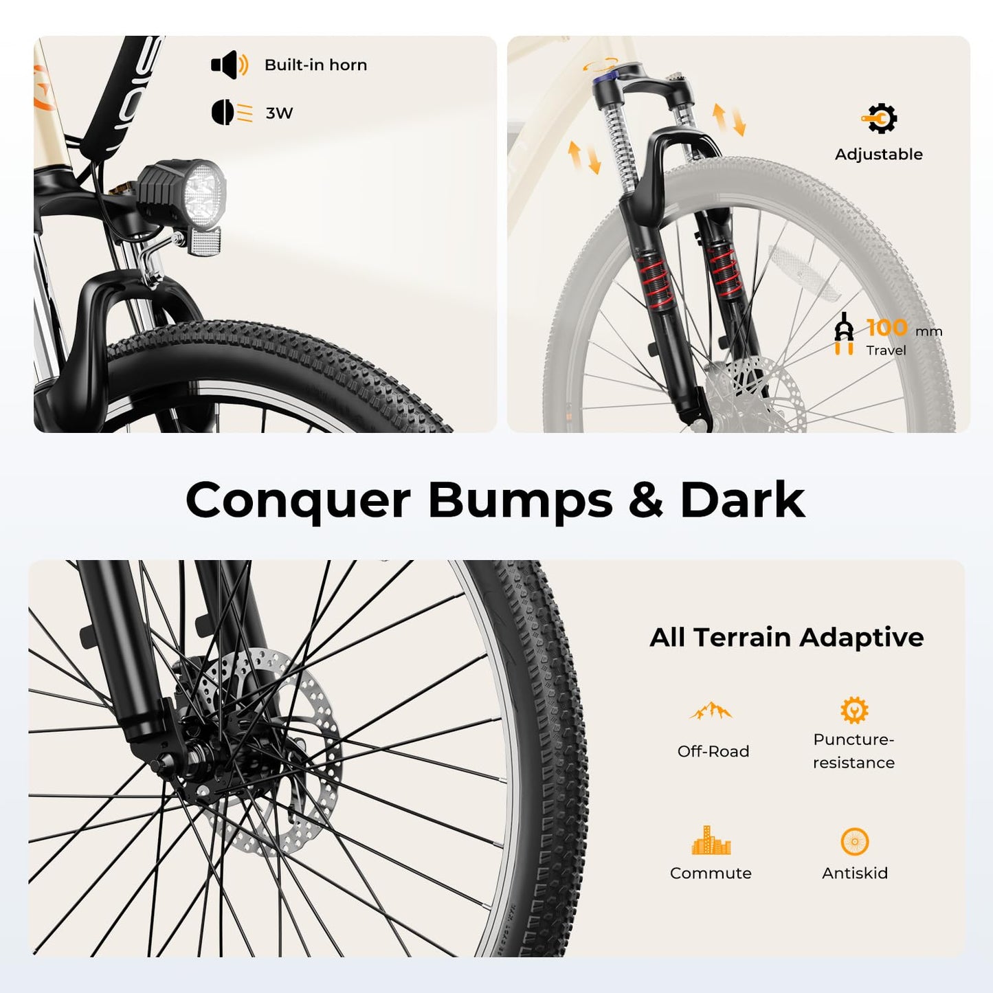 Jasion EB5 Electric Bike for Adults with Peak 500W Brushless Motor, 40Miles 20MPH Commuting Electric Mountain Bike with 360Wh Removable Battery, 7-Speed, 26" Tires and Front Fork Suspension