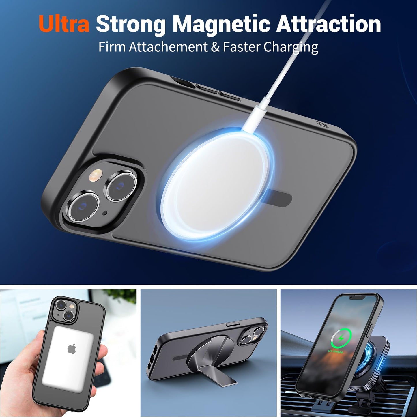 SUPFINE Magnetic for iPhone 14 Case & iPhone 13 Case (Compatible with MagSafe)(Military Grade Drop Protection) Translucent Matte Shockproof Phone Cover,Black