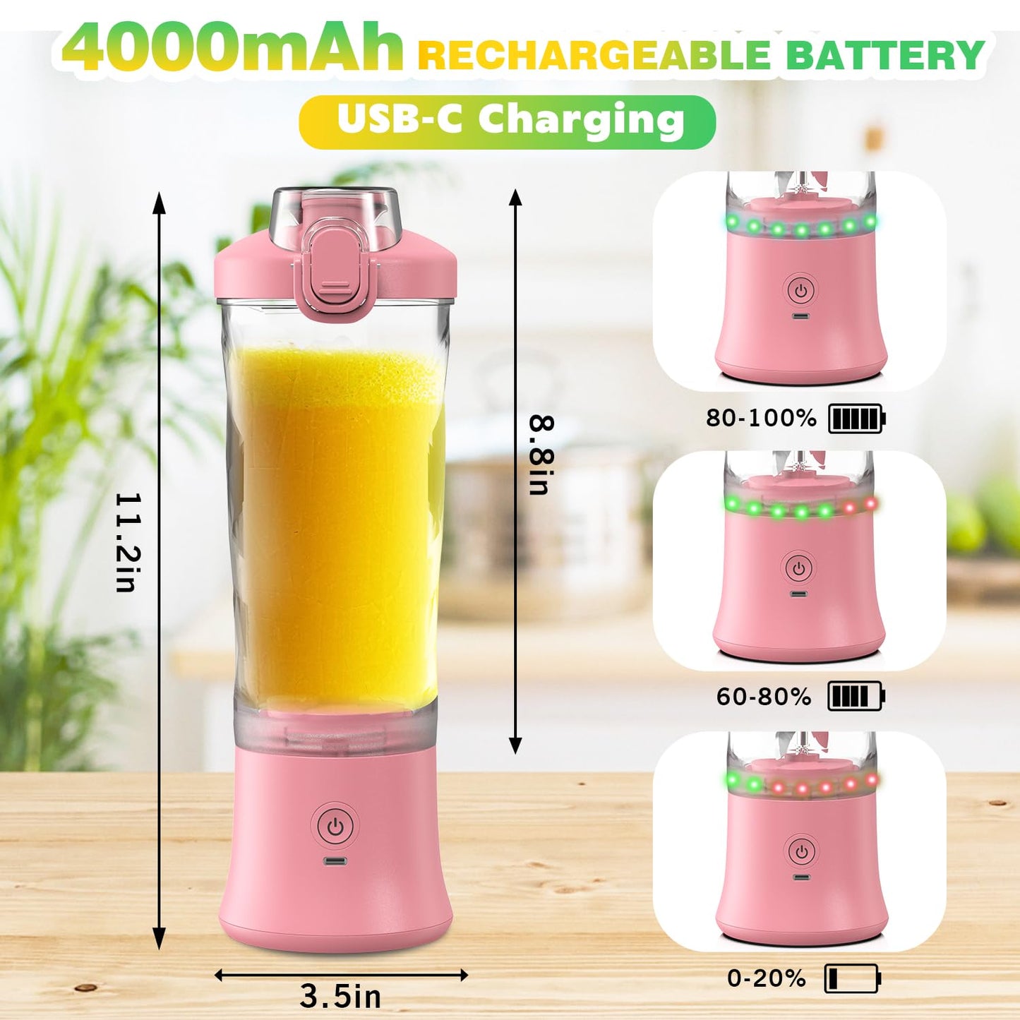 Portable Blender with Insulated Carrying Case & Recipe Book for Shakes and Smoothies, 24 OZ Personal Juicer Electric Protein Shaker Bottle, Mini Small Blender Cup with USB-C Rechargeable, Travel Lid