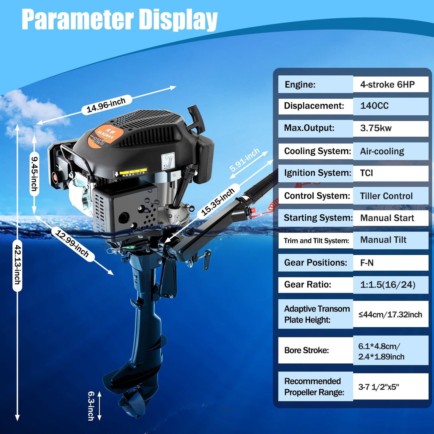 52cc Single Cylinder Gas 2.3HP Outboard Motor, Long Shaft with Air Cooling for Inflatable, Rubber, Fishing Boats, Yachts, Water Sports
