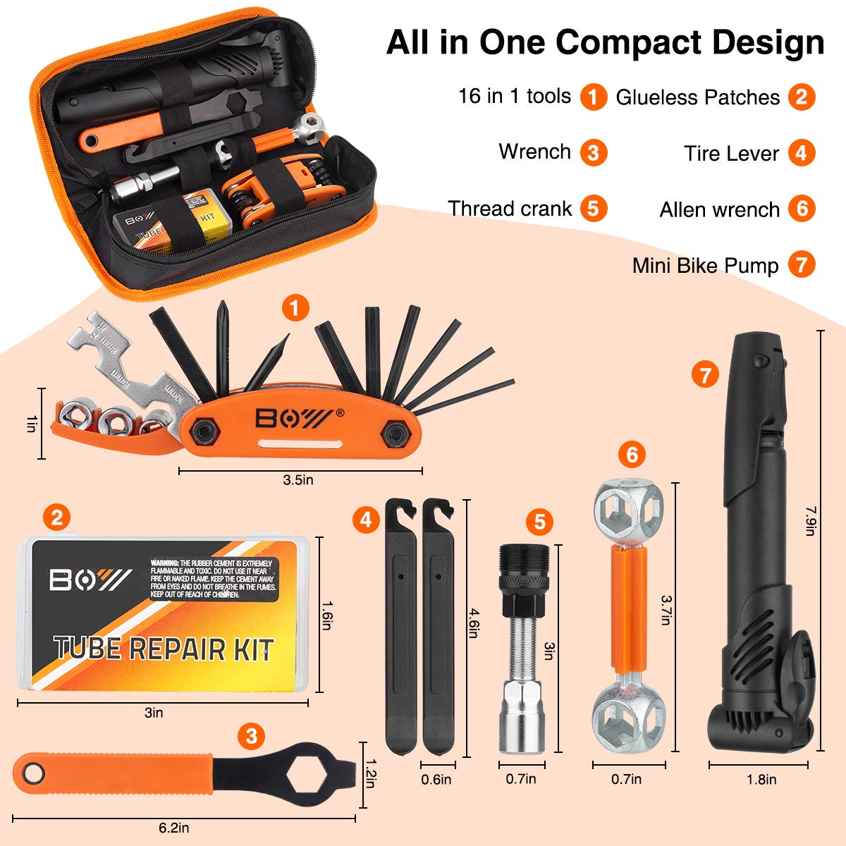 Bicycle Repair Bag With Tire Pump, Portable Tool Kit for Camping Travel - Bike Glueless Patches, Maintenance Essentials All in One Safety Kit
