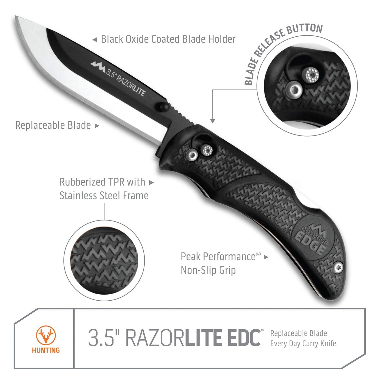 OUTDOOR EDGE Knives' RazorPro L Hunting Knife with Razor-Sharp Replaceable Blade features Non-Slip TRP Orange Handle, Belt Holster, & 30 Blades. Must-Have Field Dressing Knife for Your Hunting Gear