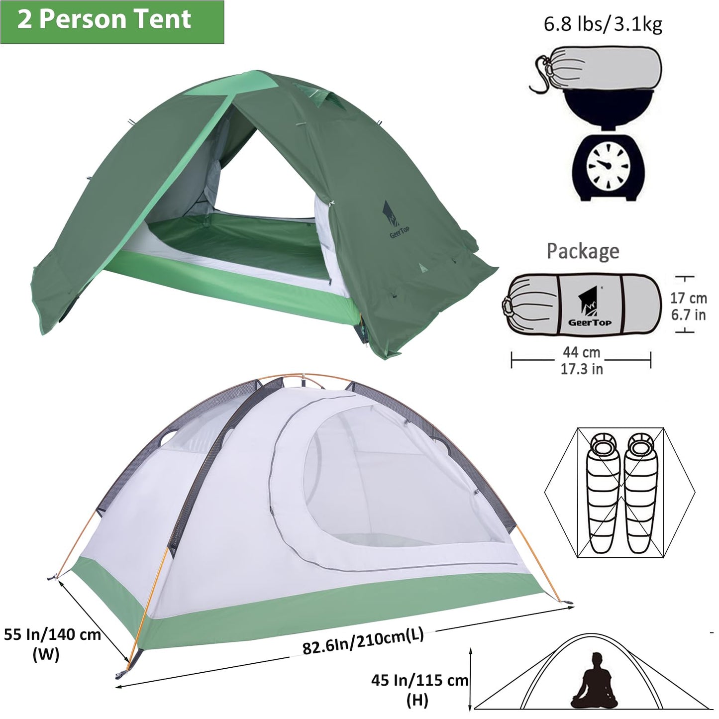 GEERTOP Ultralight 2 Person Backpacking Tent 4 Season Waterproof Camping Tent Double Layer Cold Weather Easy Set Up Tents for Family Camp, Hiking, Hunting Outdoor Mountaineering Travel