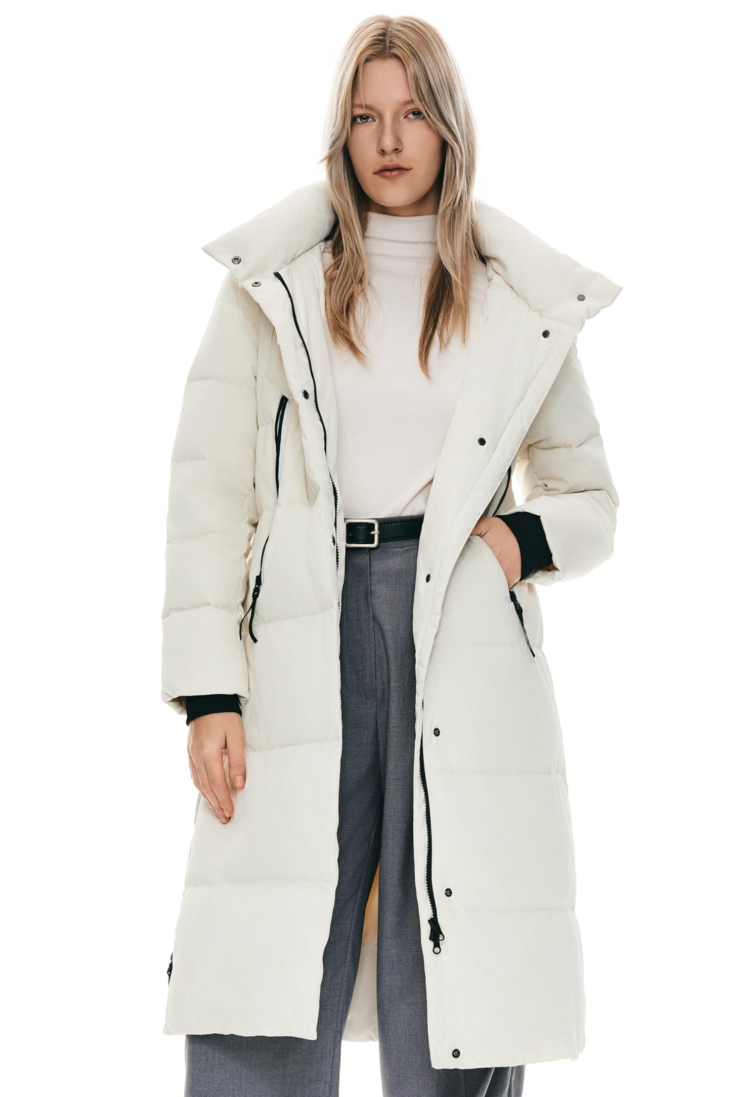 Orolay Women's Thickened Long Down Jacket Winter Down Coat Hooded Puffer Jacket with Side Zipper
