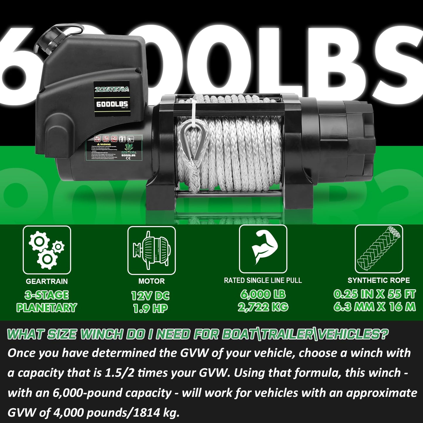 3500lbs ATV/UTV Winch with Synthetic Rope, Electric Boat Trailer Winch 12V, Waterproof Winch with 2 Wireless Remotes &Wired Switch,with Mounting Plate,Pulley,Rope Damper,Aluminium Fairlead