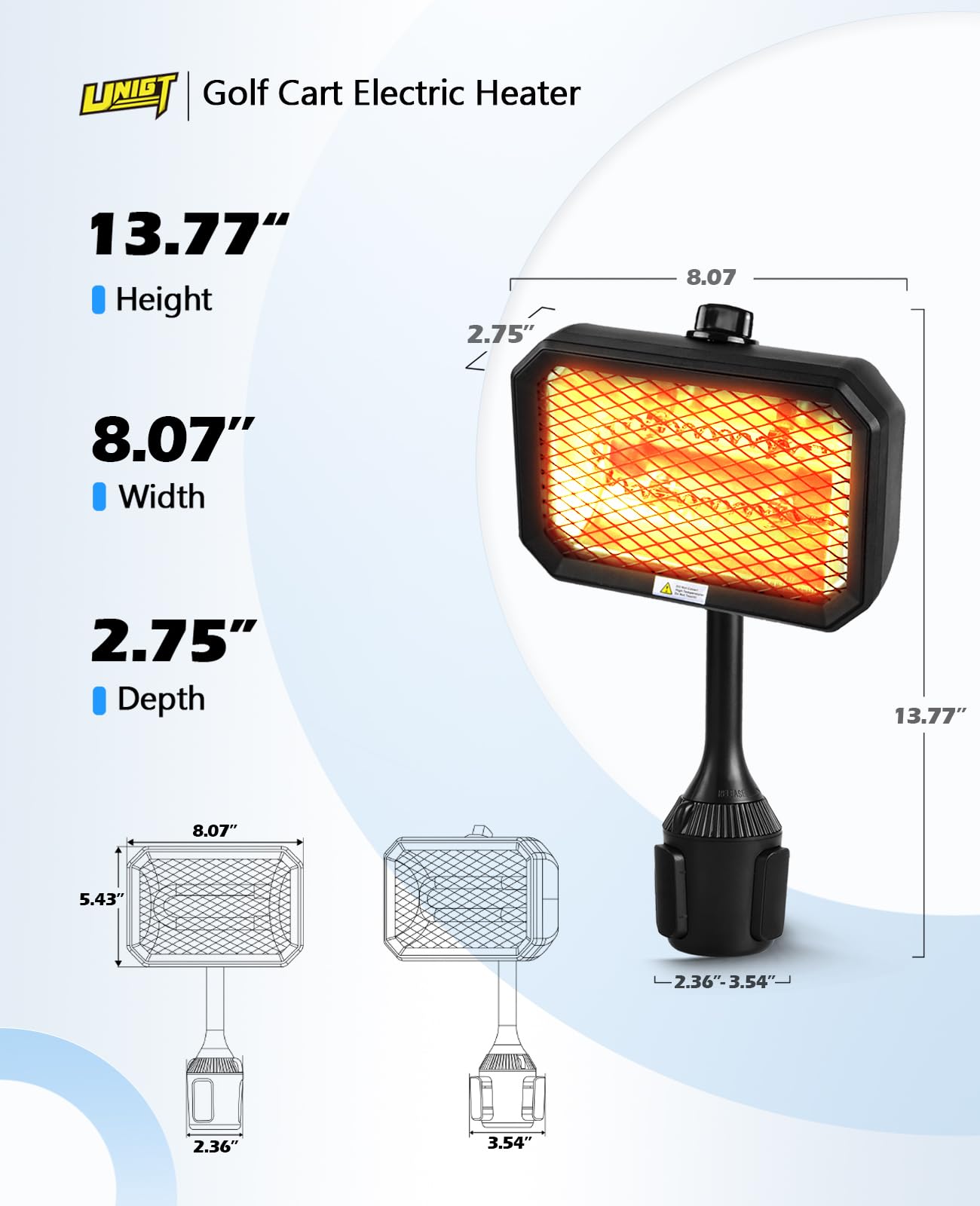 UNIGT Golf Cart Electric Heater, 400W Safe and Quiet Carbon Fiber Heating, Heat Up 120 Square Feet for 48V Club Car/Yamaha/EZGO Golf Cart Battery Operated Heater & Cup Holder Adapter, Black