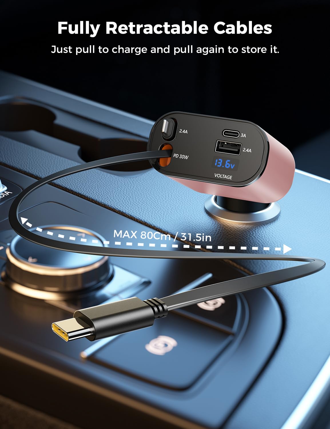【Upgraded】 SUPERONE Retractable Car Charger 4 in 1, Fast Car Phone Charger with Cord 2.6ft, USB C and Apple Car Adapter, Compatible with iPhone 16 15/15 Pro Max/14/13/12/11, Galaxy, Pixel